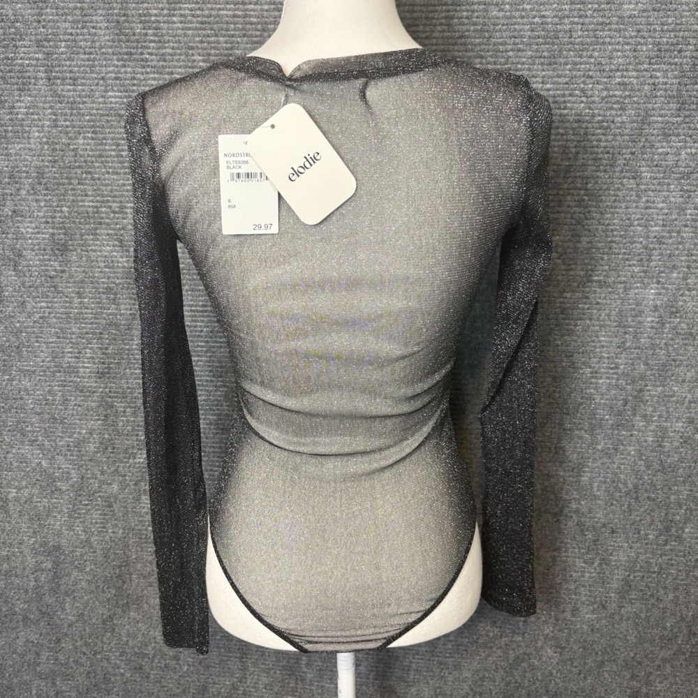 Elodie NWT Black Glitter Sheer Mesh Bodysuit Long Sleeve Party Top Small - Picture 3 of 8